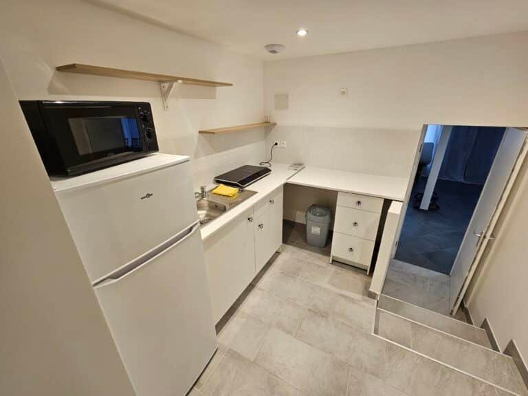 Petite cuisine aménagée avec réfrigérateur et étagères.